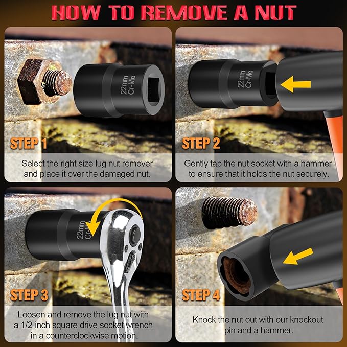Eapele Bolt Extractor Set, 10 Piece Lug Nut Remover Socket Tool, 1/2" Drive Impact Wheel Lock Removal Kit for Removing Damaged, Frozen, Rusted, Rounded-Off Bolts, Lug Nuts & Screws