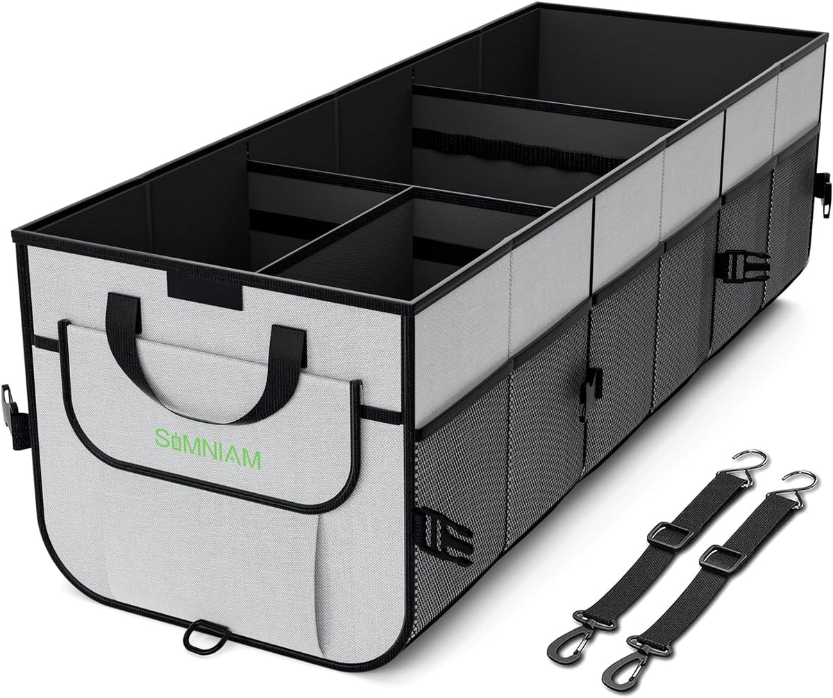 Simniam Car Trunk Organizer with Insulated Grocery Bag- 110L High Capacity Car Storage Box, with 4 Compartments, Reflective Strip, Cover, for Auto, SUV, Truck, Minivan