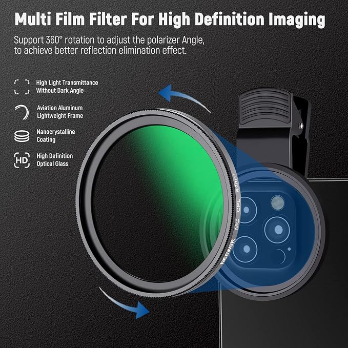 NEEWER 52mm CPL Filter for Phone, Clip On Circular Polarizing Lens Filter