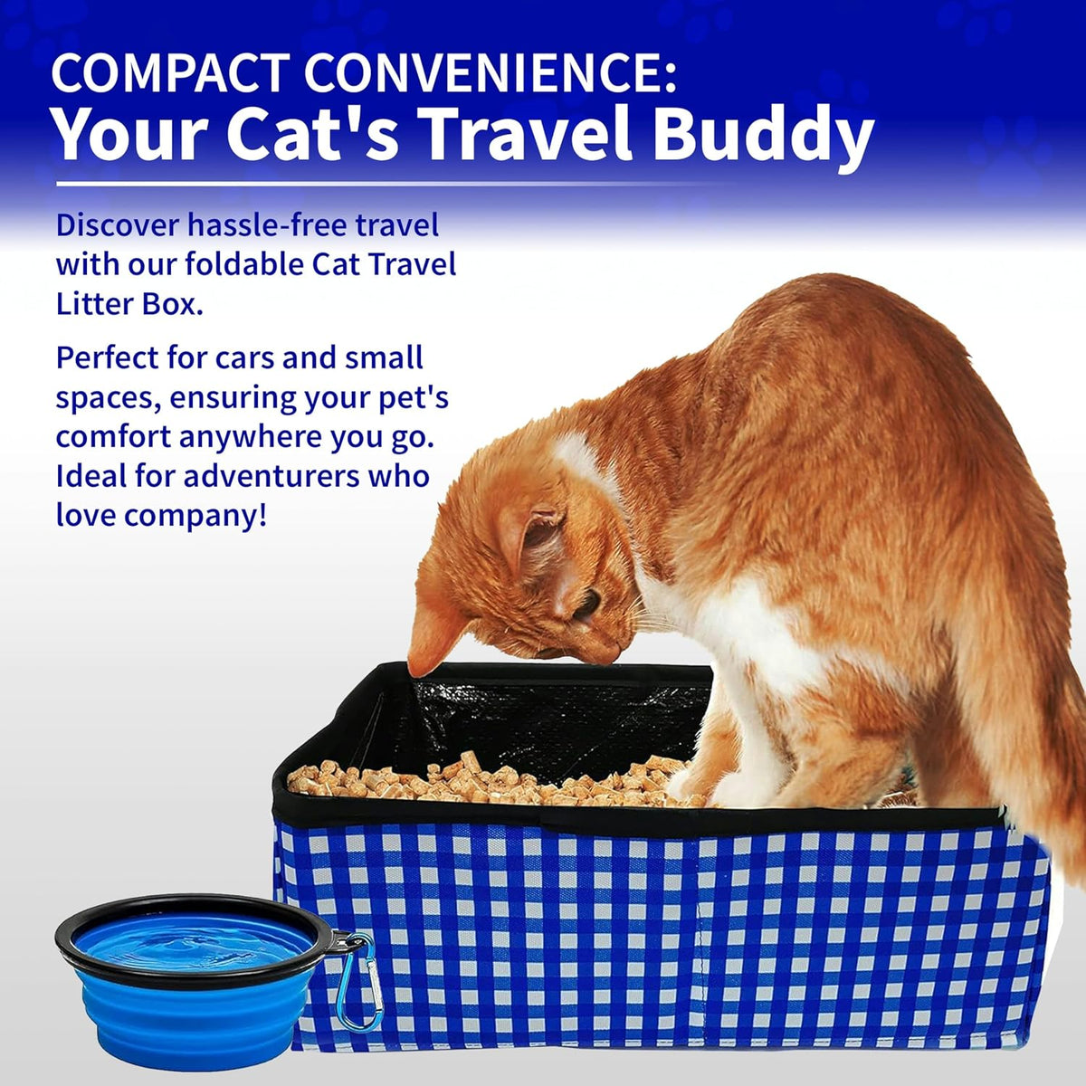 Pet Fit For Life - Vibrant Collapsible Travel Cat Litter Box - Portable, Foldable, Compact Design with Bonus Water Bowl - Ideal for Car & Camping - Reusable, Cats Safe - Blue, (16"x12"x5")