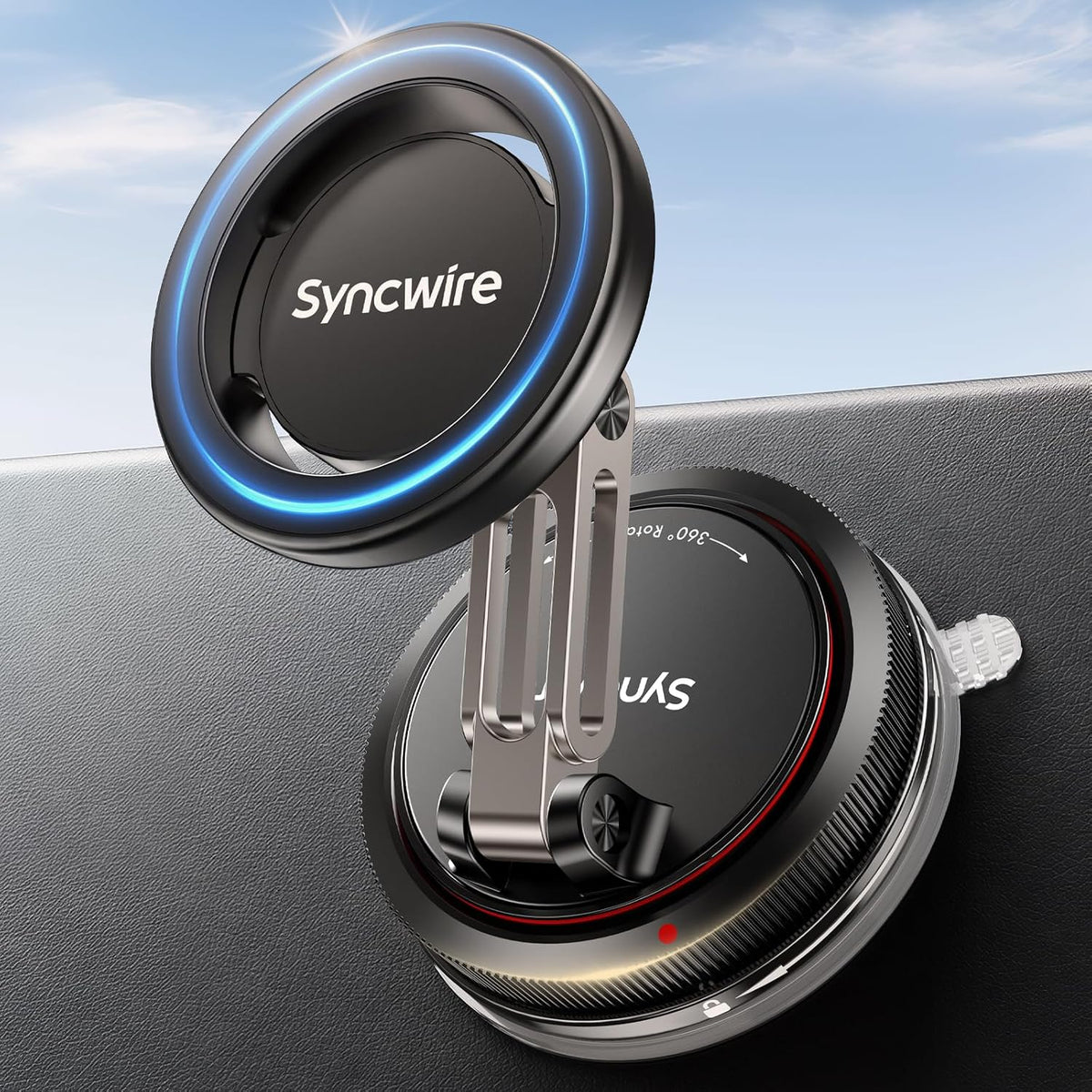 SYNCWIRE for MagSafe Car Mount [2-Axis Design] Nano Adhesive Gel + Suction Cup Magnetic Phone Holder for Dashboard & Windshield, 360° Adjustable for iPhone 17 16 15 14 13 12 11, Samsung, Matte Black