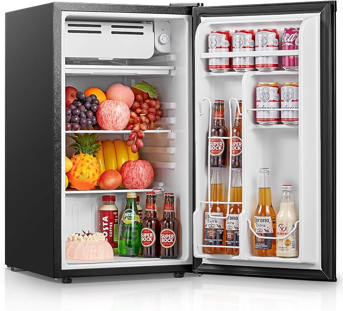 FOHERE 3.2 Cu. Ft Mini Fridge with Freezer, Single Door Compact Refrigerator, Small Fridge with 7 Adjustable Thermostat for Dorm, Bedroom, Office, Reversible Door, Energy Saving, Low Noise, Black