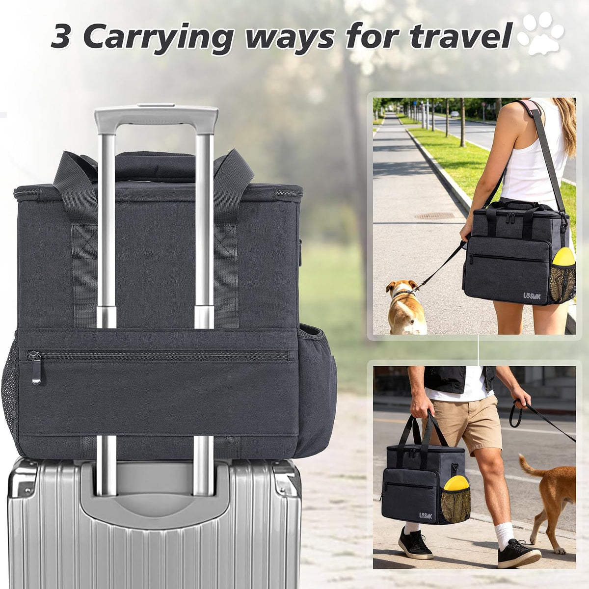 Dog Travel Bag, Large Pet Travel Set with Multi-Function Pockets, 2 Food Storage Containers, 2 Collapsible Bowls, 1 Feeding Mat for Pet Supplies, Road Trip Essentials, Weekend Camping (Black)