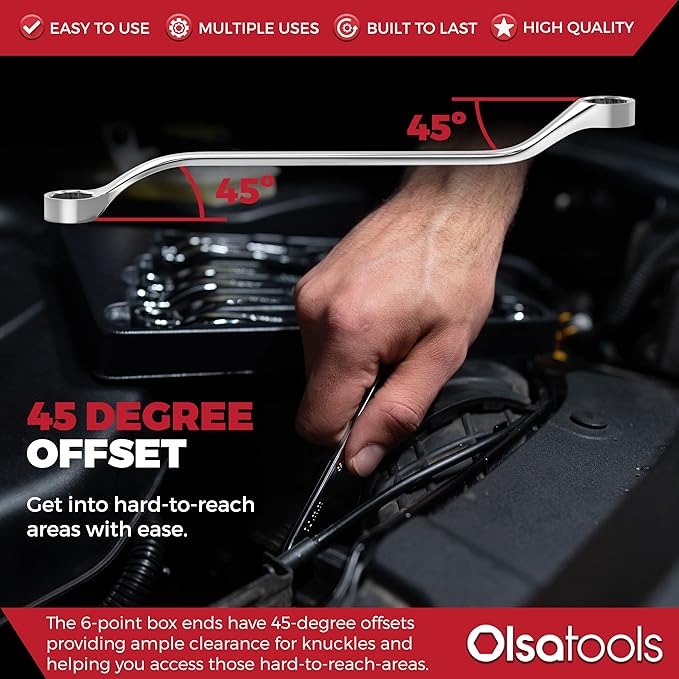 Olsa Tools Bolt Extractor Offset Wrench Set - 7pc Rounded Fastener Remover Kit - 6-Point Box-End Metric Design - Stripped Bolt & Nut Removal Tool - Professional Grade Mechanic Wrenches - Part: 1311
