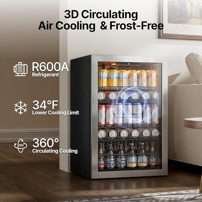 Ca'Lefort 155 Cans Mini Fridge, Beverage Refrigerator Cooler for Drink/Beer | 4.59 Cu.ft, Low-noise, Reversible Glass Door, 3-Color LED Lighting, Adjustable Shelves, 34℉ to 54℉ | Home Dorm Office Kitchen