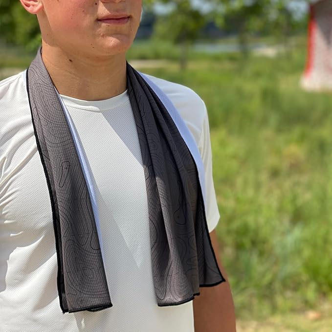 SHAKEitCOOL Extended Size Cooling Towel – Be Cool in Style - Heat Relief, Soft, Lightweight, Sun Protection, Easy Clean - Perfect for Biking, Hiking, Running, Yoga, Golf, Gardening - Black Topo M