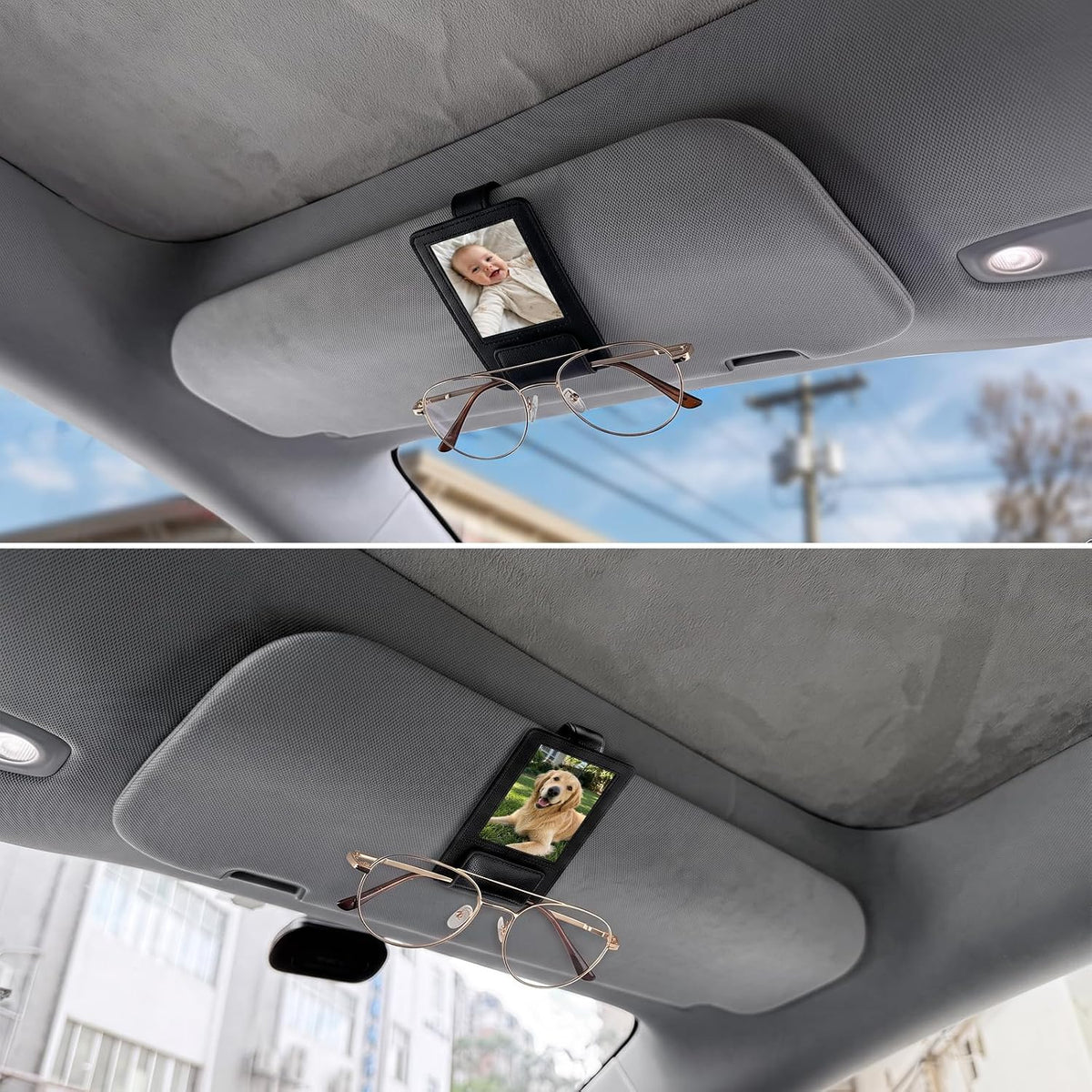 Sunglass Holder for Car Photo Holder 2 in 1 Leather Magnetic Sunglasses Holder for Tesla/Truck/Suv/RV/Car Visor Photo Holder & Sunglasses Clip Family Pet Photos 2026 Car Accessories Gift for Women Men