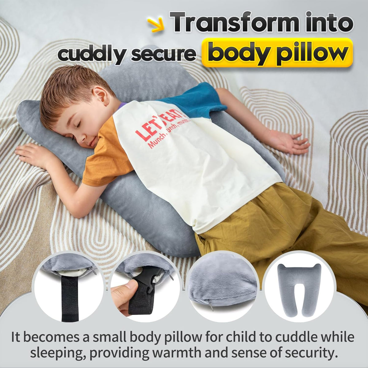 MAGIC ELEPHANT Travel Pillow for Car Sleeping, Car Pillow for Kids Travel and Adults, Neck Pillow and Road Trip Essentials for Kids, Light Grey