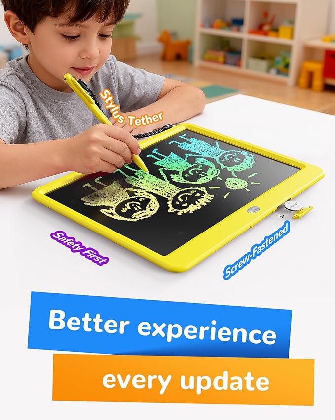 KOKODI LCD Writing Tablet, 12 Inch Colorful Toddler Doodle Board Drawing Tablet, Erasable Reusable Electronic Drawing Pads, Educational and Learning Toy for 3-6 Years Old Boy and Girls(Yellow)