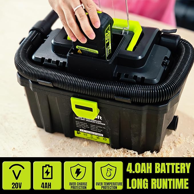20V Cordless Shop Vac, 2.5 Gallon Shop Vacuum with 4.0Ah Battery(2 Packs)