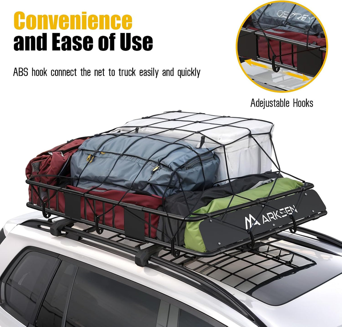 ARKSEN 36 x 60 Inch Heavy Duty Tangle-Free Nylon Cargo Net Universal Bungee Stretches with Storage Bag for Pickup Truck, Bed, SUV, & Rooftop Travel Luggage Rack