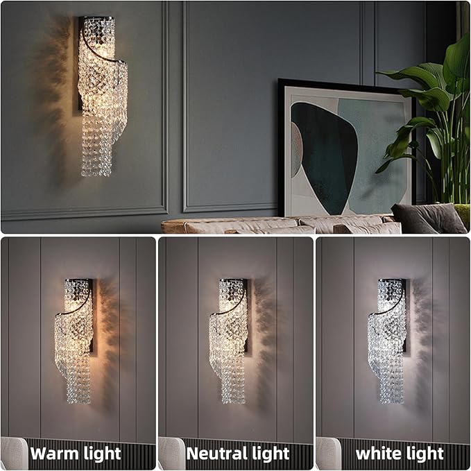 K9 Crystal Wall Sconces, Adjustable 3-Color LED Wall Light with Titanium Black Metal Frame, Modern Living Room/Bathroom/Bedroom Lighting Fixture (Easy Install)