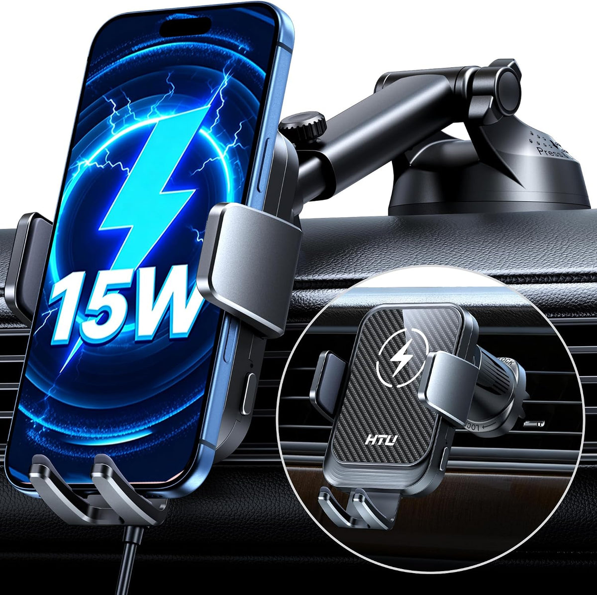 HTU Upgraded 15W Fast Charging Auto-Clamping Wireless Car Charger Mount