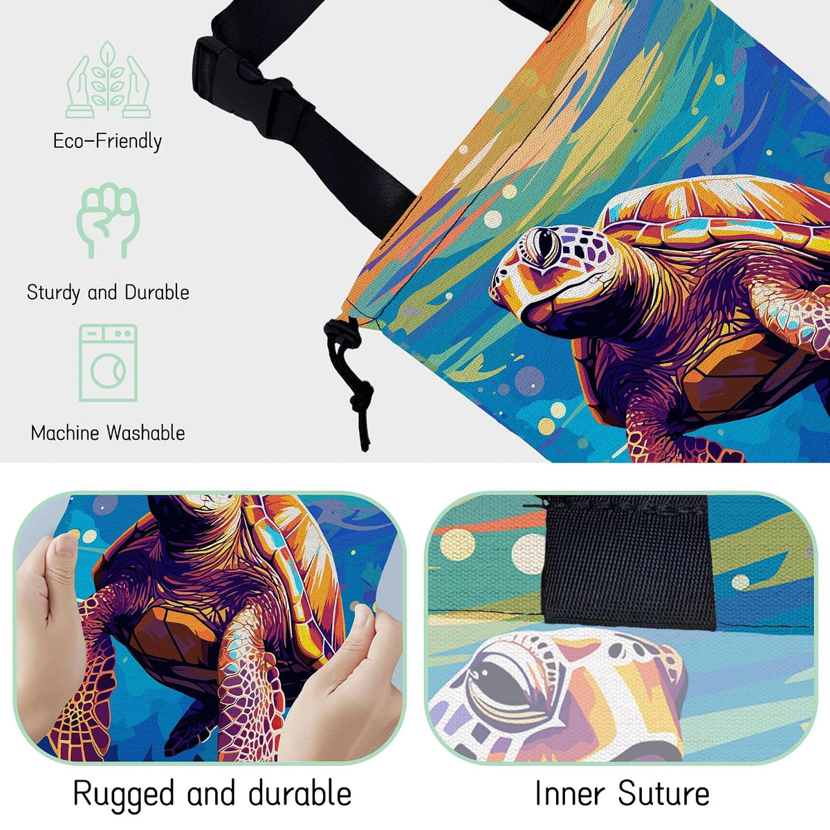 Pop Art Turtle Car Garbage Bag,Waterproof Small Car Trash Bag Hanging Back of Seat,Drawstring Hanging Car Trash Bag with Adjustable Buckle for Car Accessories