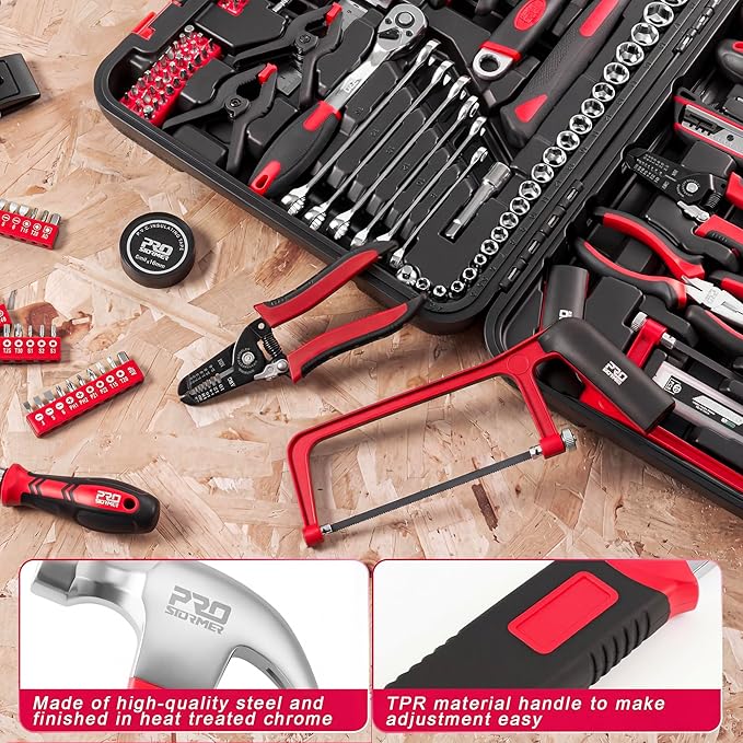 Prostormer 259-Piece Tool Kit, General Household Hand Tool Set with Plastic Storage Toolbox, Portable Complete Repair Tool Box for Home and Car (Red)