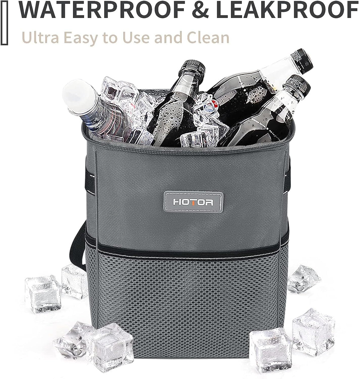 HOTOR Car Trash Can, Multifunctional Car Accessory for Interior Car Stuff Storage with Compact Design, Waterproof Car Organizer and Storage with Adjustable Straps, Magnetic Snaps, 2 Gallons, Gray