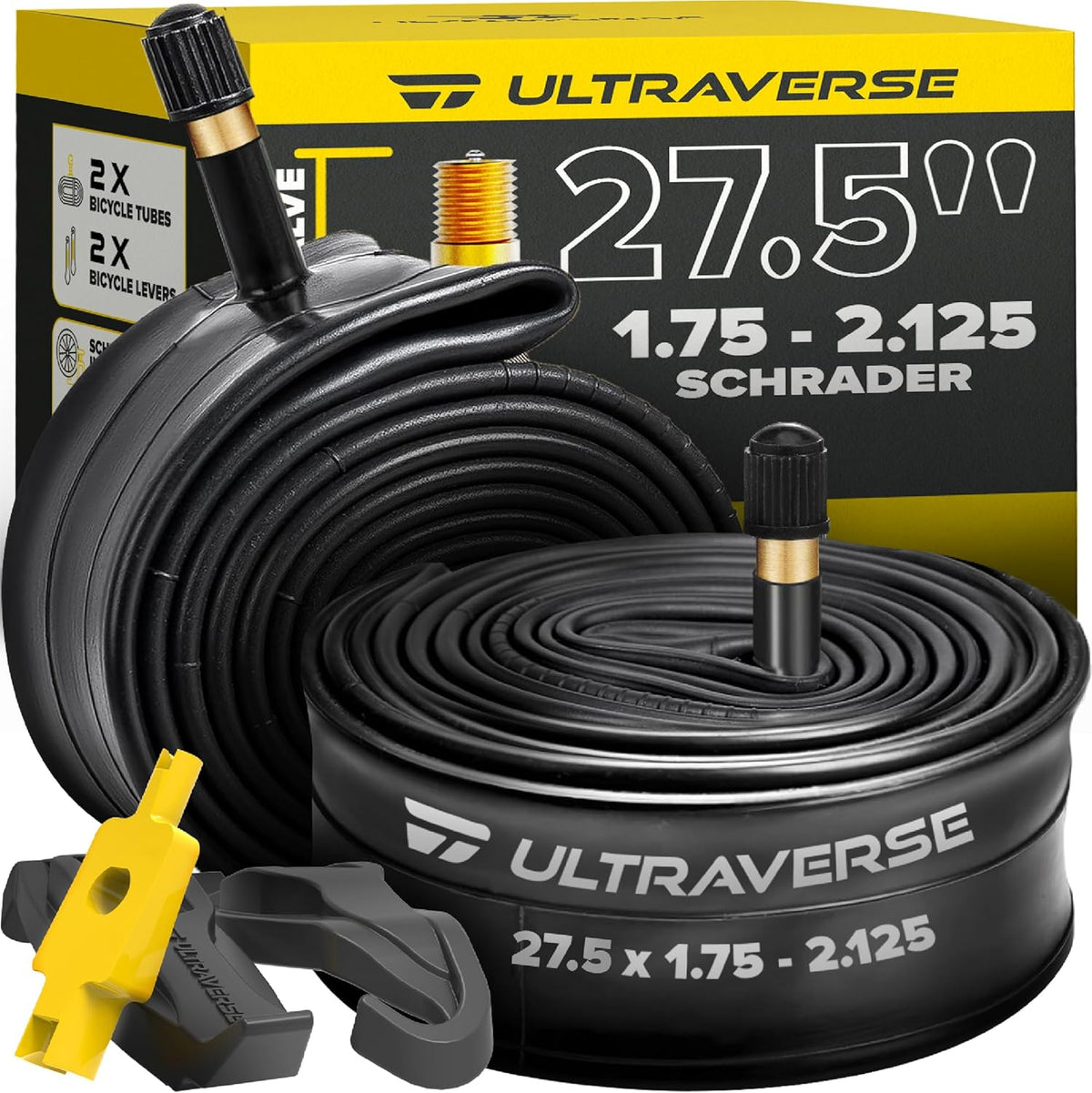 Ultraverse Bike Inner Tubes - Durable Butyl Rubber 27.5 x 1.75, 1.95, 2.10, 2.125 | Set of 2 for Mountain, Cruiser, City & E-Bikes