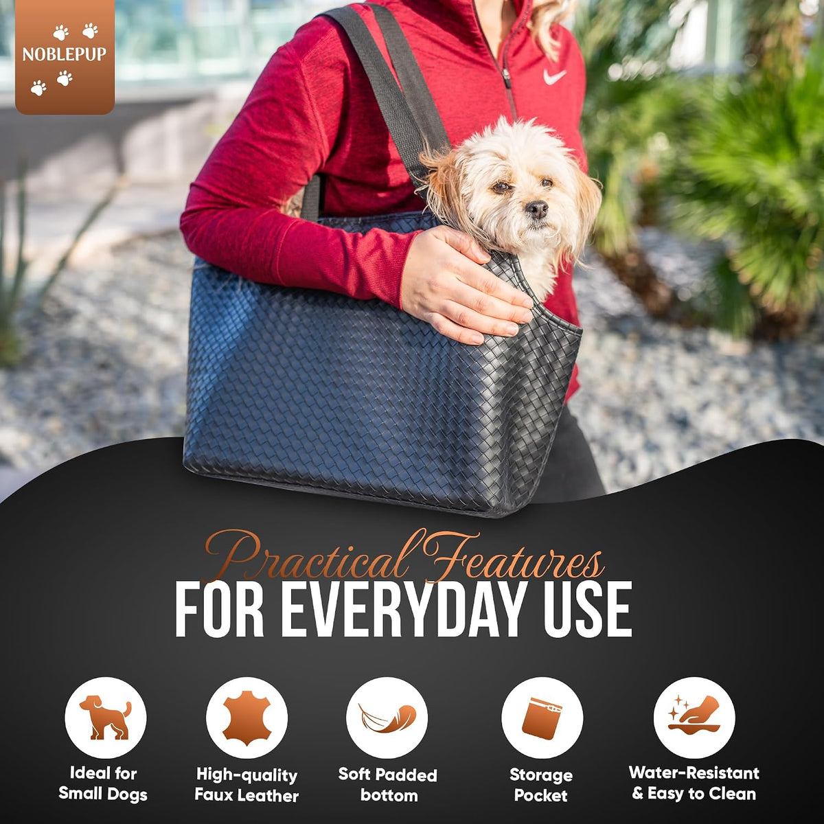 Faux Leather Dog Carrier for Small Dogs, Water-Resistant Designer Dog Purse with Safety Harness, Fashion Pet Carrier for Dogs 5-15 lbs, Luxury Dog Shoulder Carrier, Woven Black