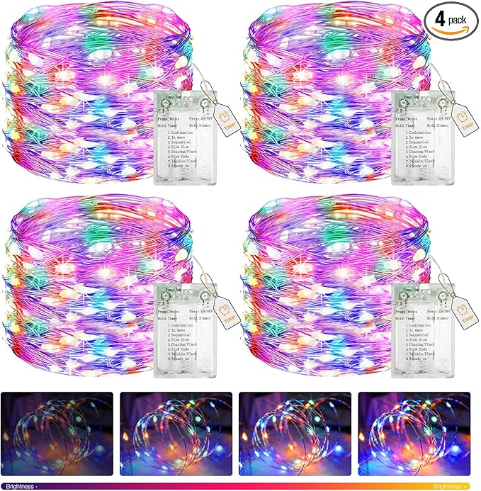 btfarm 4 Pack Fairy Lights Battery Operated with Timer, 16.4 FT 50 LED Silver Wire Twinkle String Lights 8 Modes Dimmable Waterproof for Indoor Christmas Bedroom Wedding Decorations, Multicolor