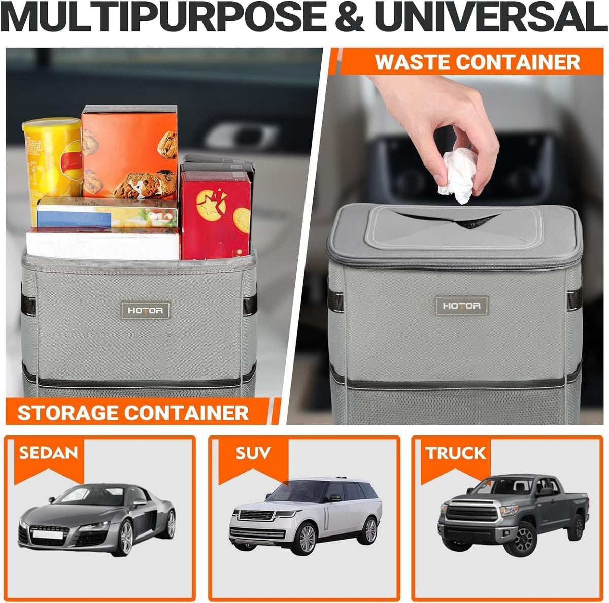 HOTOR Car Trash Can, Multifunctional Car Accessory for Interior Car Stuff Storage with Compact Design, Waterproof Car Organizer and Storage with Adjustable Straps, Magnetic Snaps, 2 Gallons, Gray