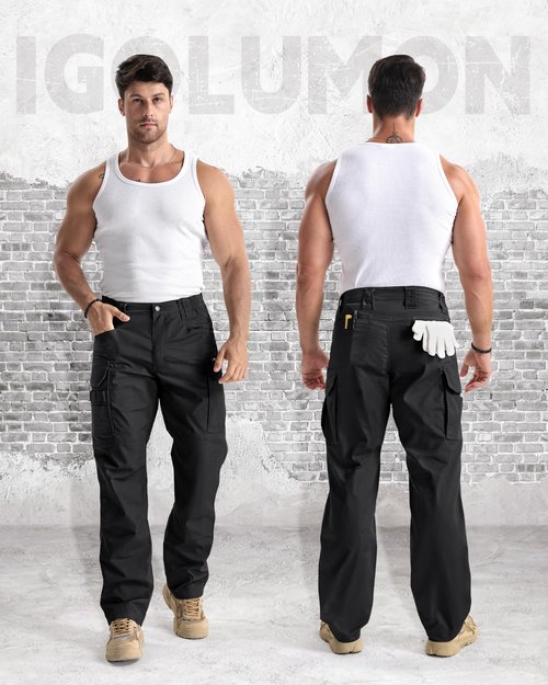 IGOLUMON Work Pants for Men Cargo Pants Tactical Pants with 9 Pockets, Ripstop Lightweight Stretch Outdoor Hiking Pants Black