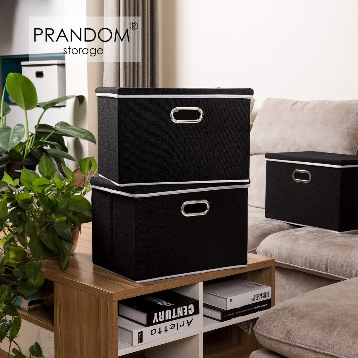 PRANDOM Large Foldable Storage Box with Lid [1-Pack] Fabric Collapsible Storage Bin Organizer Container Basket Cube with Cover for Home Bedroom Closet Office Nursery Black (17.7x11.8x11.8)