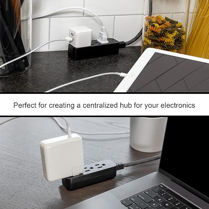 GE 3-Outlet Power Strip Mini Extension Cord with Multiple Outlets 5 Inch Braided Short Cord Extension Cord Grounded Flat Plug UL Listed Black 45191