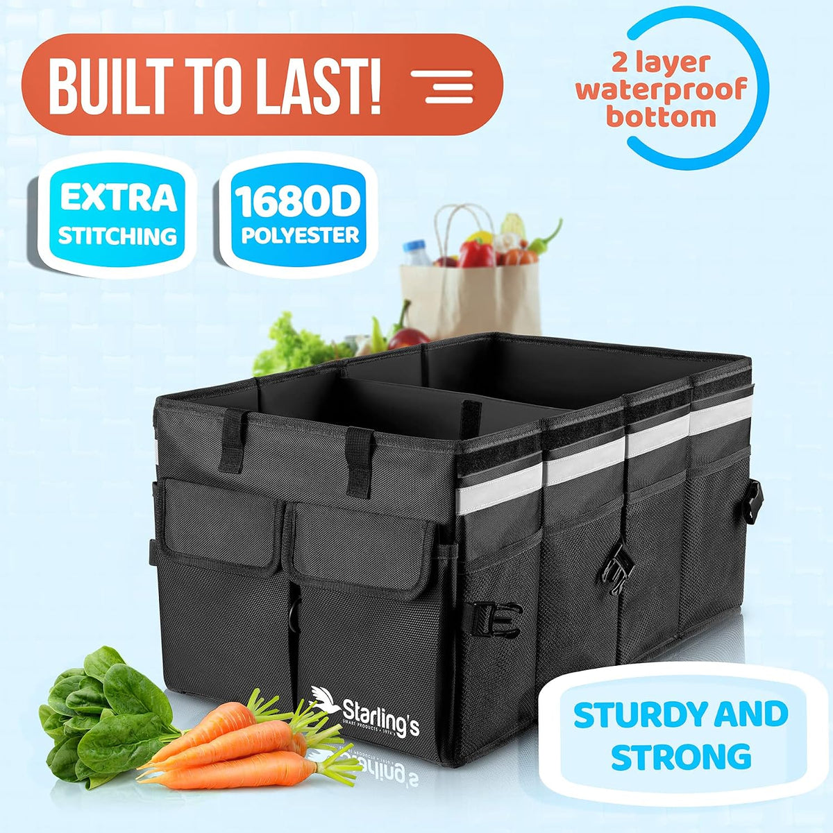 Starling's Car Trunk Organizer Super Strong, Foldable Storage Cargo Box for SUV, Auto, Truck Nonslip Waterproof Bottom, Fits any Vehicle, Come w Adjustable TieDown Straps W LID (Black, 2