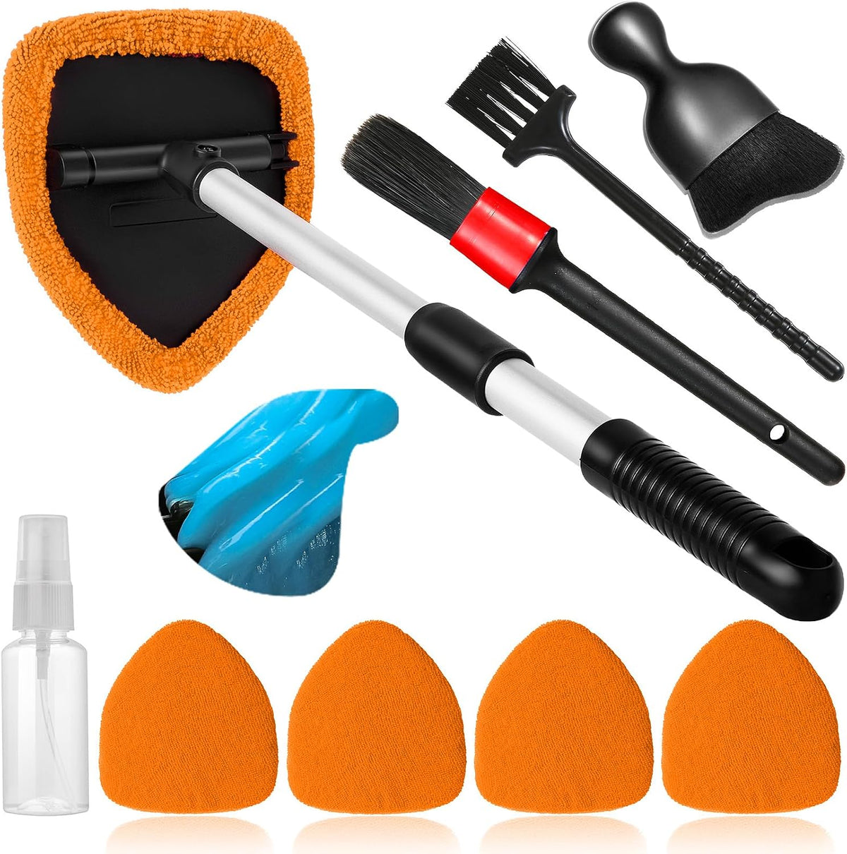 Qydipclin 10pcs Windshield Cleaner Tool, Car Window Cleaning Wash Kit with 4 Reusable Microfiber Pads 1 Spray Bottle and Extendable Handle Auto Glass Wiper Kit, Orange