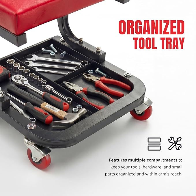 MaxWorks Mechanics Roller Seat - Heavy Duty 250 lb Capacity Rolling Creeper Stool with Padded Seat & 3-Section Tool Tray for Garage & Auto Repair (50875)
