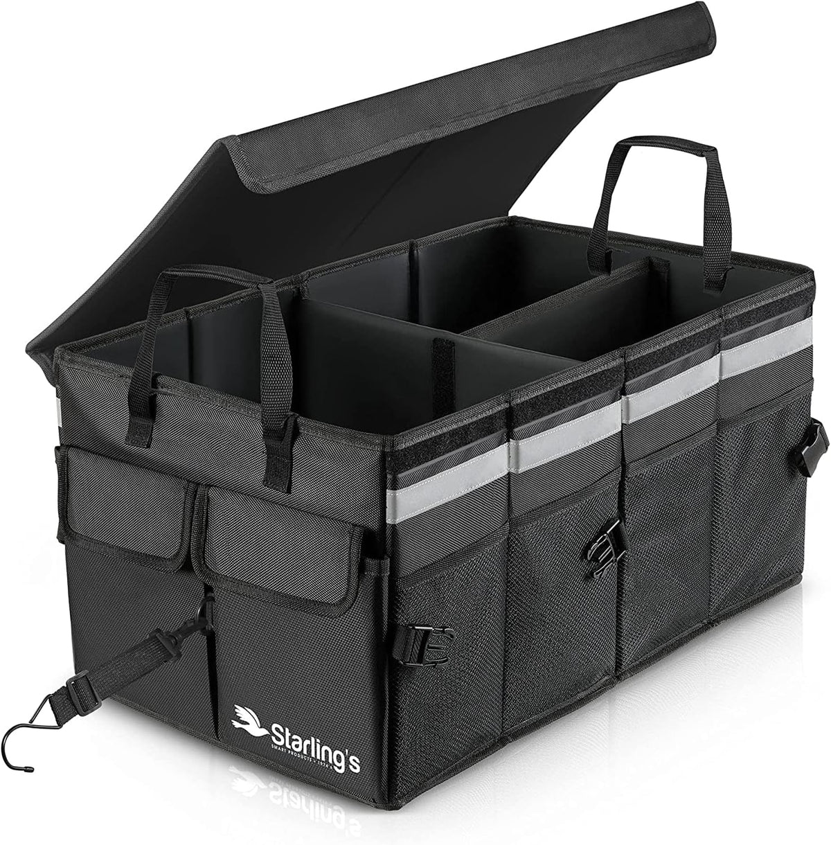 Starling's Car Trunk Organizer Super Strong, Foldable Storage Cargo Box for SUV, Auto, Truck Nonslip Waterproof Bottom, Fits any Vehicle, Come w Adjustable TieDown Straps W LID (Black, 2