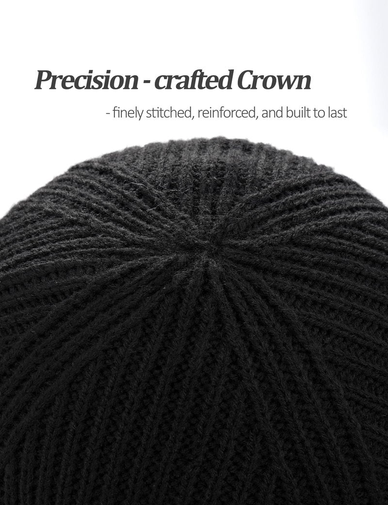 Valkgard Winter Beanies Hats for Men, Knit Fleece Beanie Skull Caps, Mens Toboggans Ribbed Cuffed Stocking Hat Black