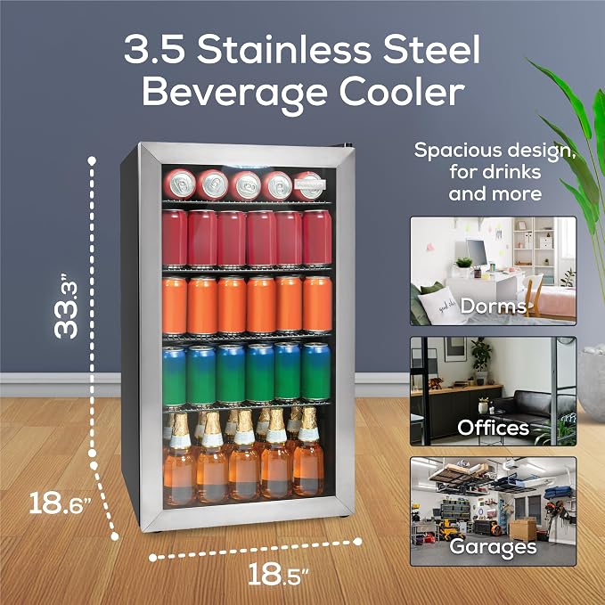 Igloo 3.5 Cu. Ft. Mini Fridge - Stainless Steel Single Door Compact Beverage Refrigerator with Shelves for Homes, Dorms & Offices- Keep Snacks and Drinks Cool with Temperature Control Mini Fridge