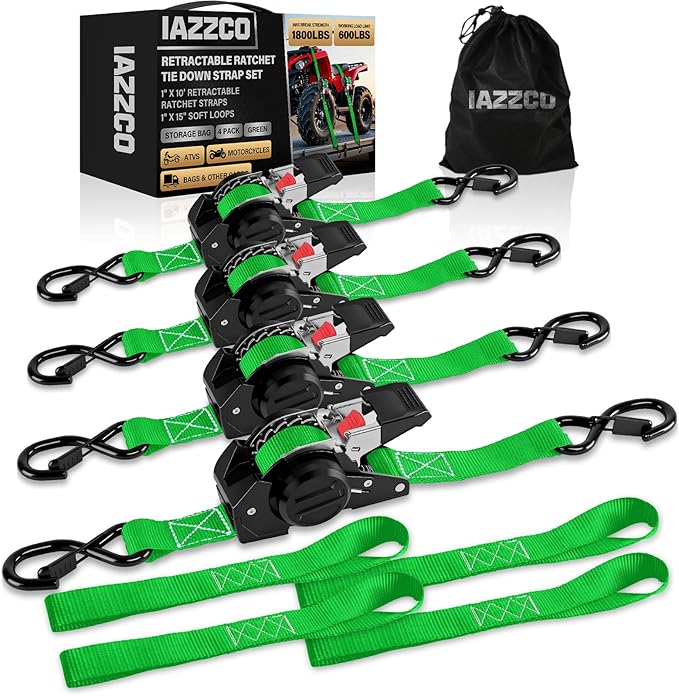 Retractable Ratchet Straps (4-Pack) - 1 in x 10 Ft (1800 LB Break Strength) Heavy Duty Self Retracting Ratchet Straps with Soft Loops & Storage Bag for Household, Motorcycle, Truck, ATV(Green)