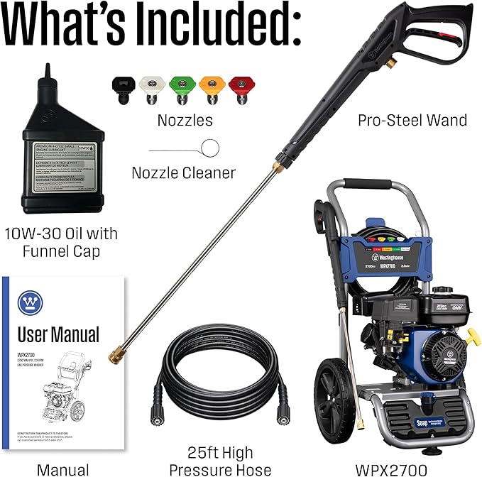 Westinghouse WPX2700 Gas Pressure Washer, 2700 PSI and 2.3 GPM, Onboard Soap Tank, Spray Gun and Wand, 5 Nozzle Set, for Cars/Fences/Driveways/Homes/Patios/Furniture