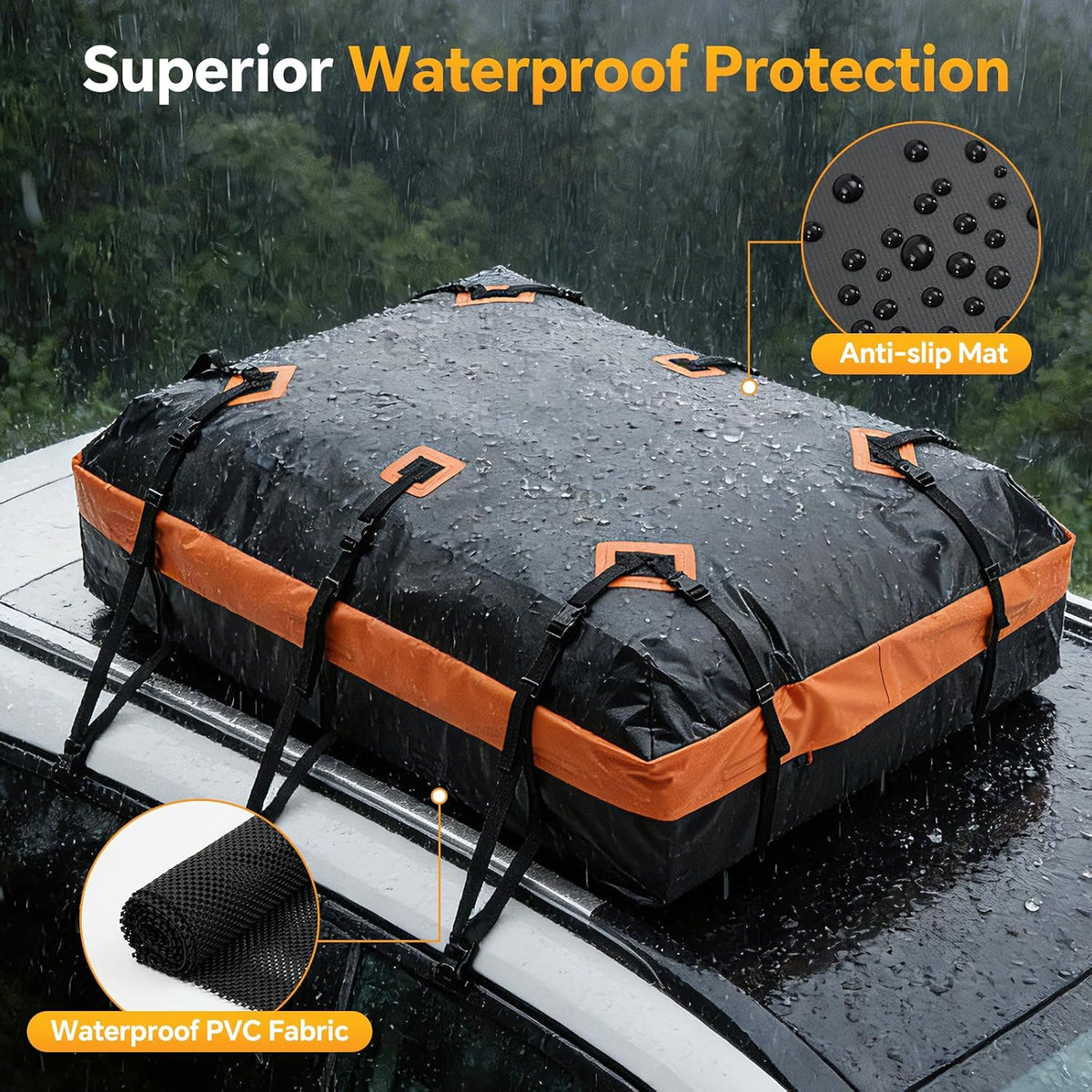 NEWBULIG Car Rooftop Cargo Carrier Bag, 20 Cubic Feet Heavy Duty Waterproof | for SUV, Van, All Vehicles with/without Rack. Includes Anti-Slip Mat, Reinforced Straps, 6 Door Hooks, Storage & Luggage Lock