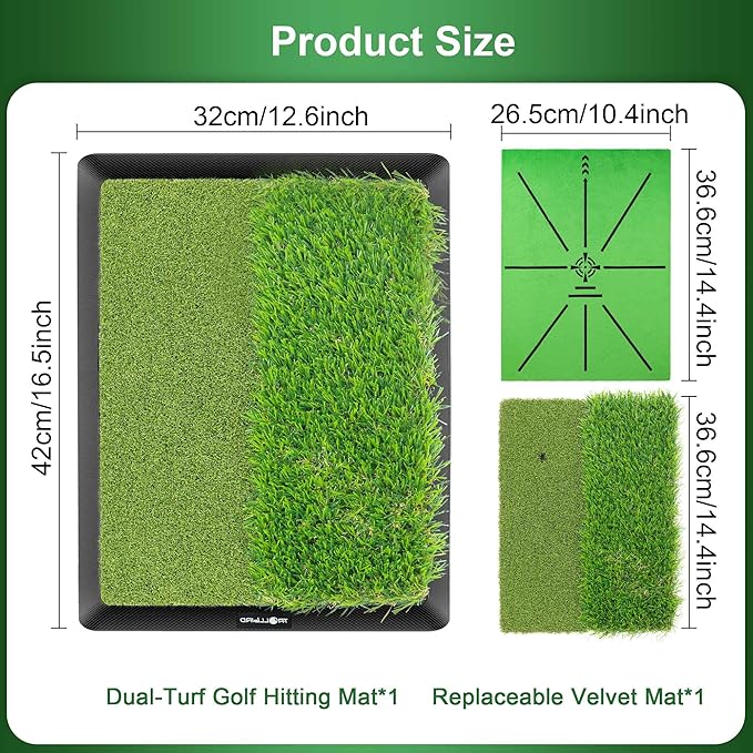 Dual-Turf Golf Hitting Mat with Replaceable Velvet Mat Golf Training Accessories for Swing Path Feedback 12.6"x16.5" Golf Practice Trainer Matt for Men Women Kids