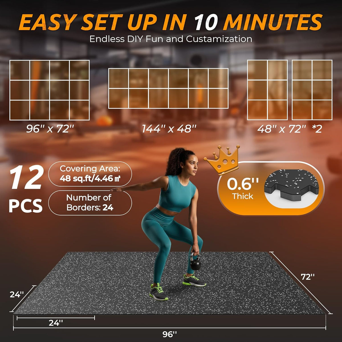 PRAISUN Gym Flooring - 0.6" Thick Interlocking Rubber Mats | 12 Pcs, 48 Sq Ft, Black/Grey