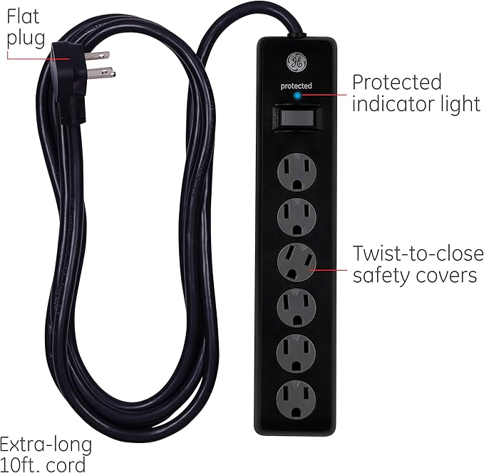 GE 6-Outlet Surge Protector,10 Ft Extension Cord,Power Strip,600 Joules,Twist-to-Close Safety Covers,Protected Indicator Light,ETL Listed,Black,37442,(Pack of 12)