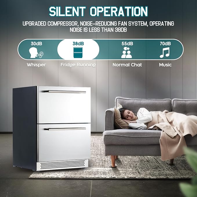 Albott 24 Inch Under Counter Drawer Fridge, Dual-Zone Beverage Refrigerator | Stainless Steel Design, LED Touch Control, Adjustable Storage, Frost-Free, Low Noise, 34℉-68℉, -0.4℉ to 32℉