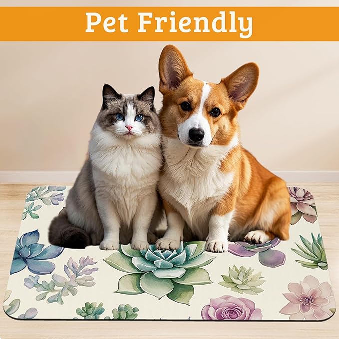 Dog Bowl Mat,Cactus Pet Feeding Mat for Floors Waterproof,Succulents Absorbent Dogs Placemat for Food and Water Quick Dry Pet Cat Feeding Mats with Non Slip Bottom 12" x 20"