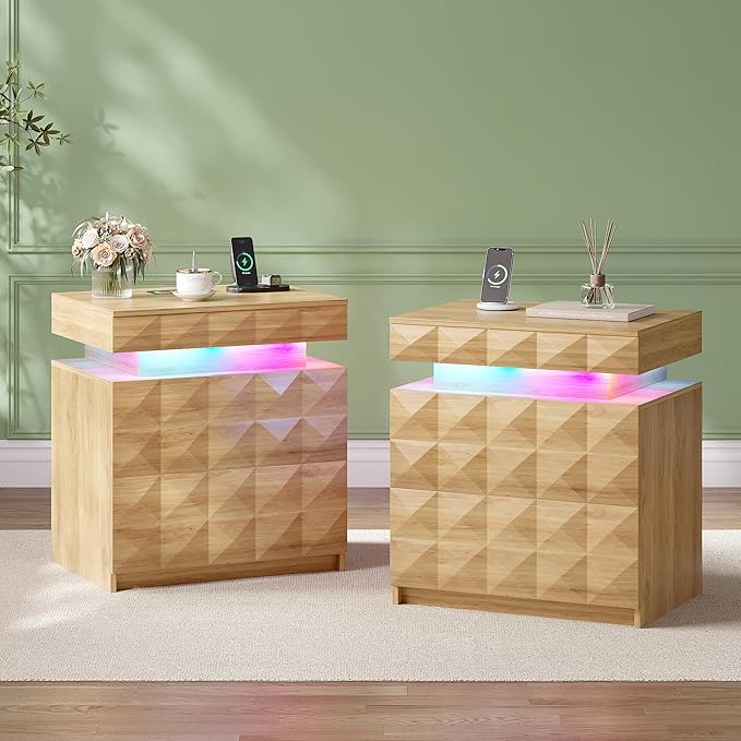 LED Nightstand Set of 2 with Charging Station,3 Drawers Night Stand with Lockable Hidden Storage,Smart Bedside Table with Human Sensor RGB Lights for Bedroom,Wood