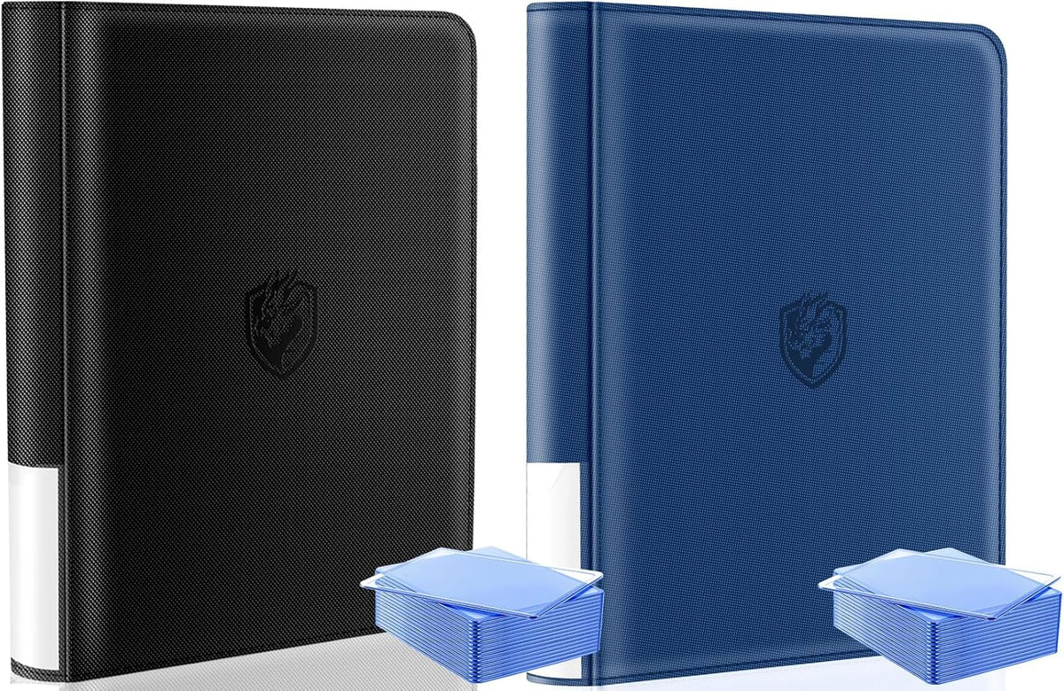 Skiennix Toploader Binder 2-Pack - Waterproof PU Leather with 40 Bonus Card Sleeves | Black & Blue, Anti-Yellowing Inserts