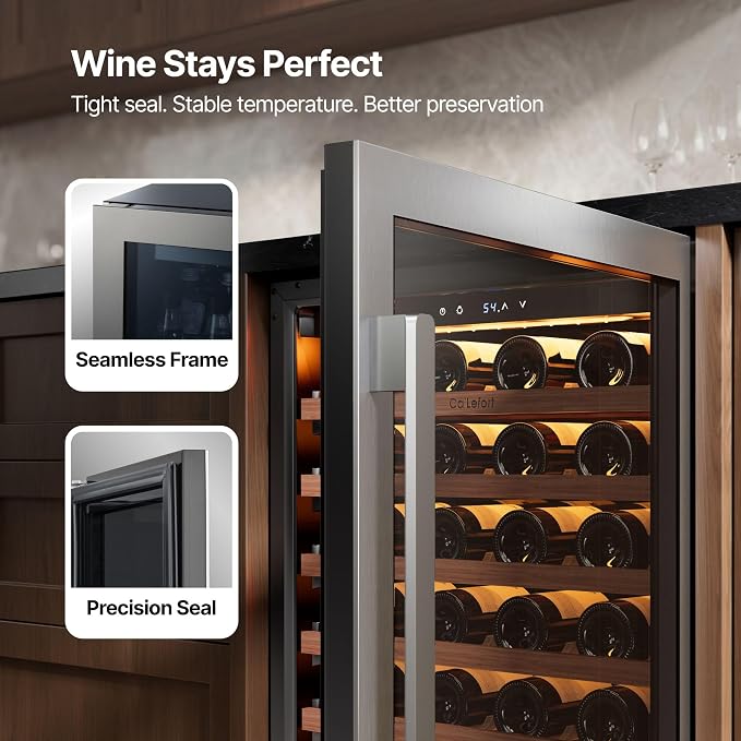 Ca'Lefort 24 Inch Wine Fridge, 61 Bottle Under Counter Wine Cooler | 40-65°F Touch Control, Dual-Pane Glass Door, Adjustable Shelves, 3 Color LED, Built-In or Under Counter for Home Bar Kitchen