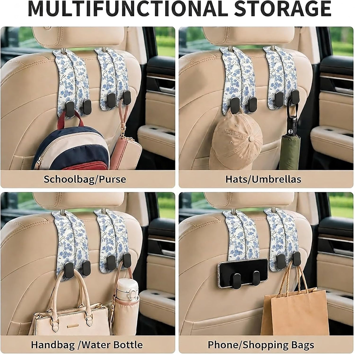Cute Blue Floral Car Seat Headrest Hooks for Purses & Bags
