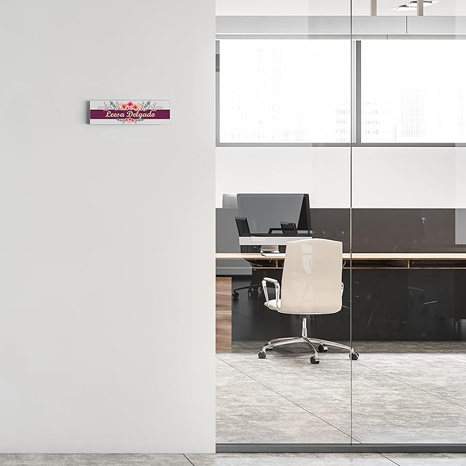 Artblox Personalized Office Desk Name Plate and Business Card Holder | Clear Acrylic Glass with Teak Wood Stand | Wild Flowers Design Customized with Your Name and Credentials Office Desk Decor