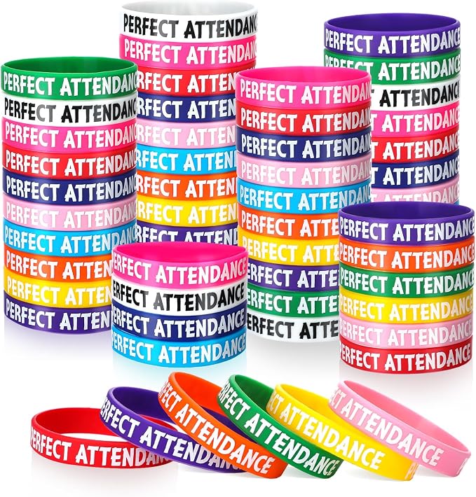 100 Pcs Perfect Attendance Silicone Wristbands 10 Assorted Color Reward Rubber