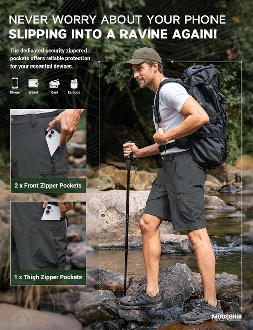 Moosehill Hiking Shorts - Lightweight Quick-Dry Cargo Shorts with 8 Pockets | Water-Resistant for Outdoor Adventures