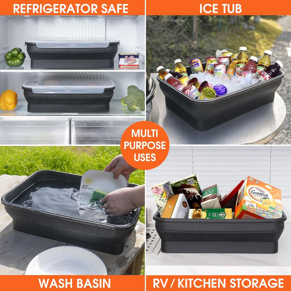 Silicone Collapsible Marinating Container with Lid for Meat, 2.64Gal/10L, 2 Pack Extra Large Collapsible BBQ Prep Tub, Transparent Locking Lid, XL Grill Prep Trays & Carry System, BBQ Must-Have, Black