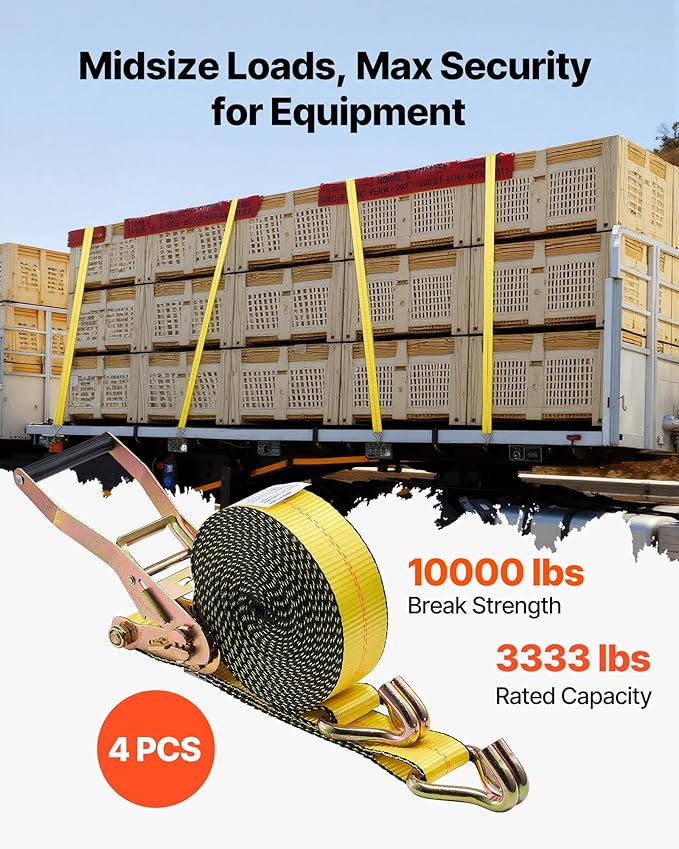 VEVOR Ratchet Straps, 2 in x 30 ft, Heavy Duty Tie Down Straps with Double J Hook, 10,000 lbs Break Strength, Carry Bag, Tie Down Ratcheting for Moving, Trailers, Motorcycles, Kayaks, Car Roof, 4 Pack